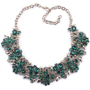 Women's Fashion Flower Statement Green Crystal Glass Collar Choker Necklace